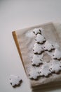 Gingerbread Christmas tree sprinkled with powdered sugar on parchment