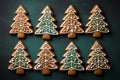 Gingerbread Christmas trees homemade cookies on green background. Winter holidays pastries. Top view. AI generated Royalty Free Stock Photo