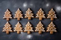 Gingerbread Christmas trees homemade cookies. Winter holidays pastries. Close up, top view. AI generated Royalty Free Stock Photo