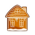 Gingerbread cookie house in cartoon style. Holiday winter symbol, festive treats. Christmas, winter homemade sweets in