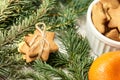 Gingerbread Cookie. NewYear. Delicious tangerine. Fir branch. Small stars Royalty Free Stock Photo