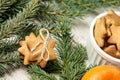 Gingerbread Cookie. NewYear. Delicious tangerine. Fir branch. Small stars Royalty Free Stock Photo