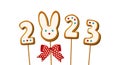 Gingerbread cookie numerals 2023 and bunny on sticks in cartoon style. Sweet biscuit number and rabbit with ears in new