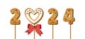 Gingerbread cookie numerals on sticks with phrase 2024 in cartoon style. Sweet biscuit new year message isolated on