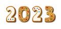 Gingerbread cookie numerals on sticks with phrase 2023 in cartoon style. Sweet biscuit in new year message isolated on