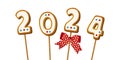 Gingerbread cookie numerals on sticks with phrase 2024 in cartoon style. Sweet biscuit with red bow in new year message