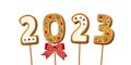 Gingerbread cookie numerals on sticks with phrase 2023 in cartoon style. Sweet biscuit with red bow in new year message