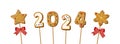 Gingerbread cookie numerals on sticks with phrase 2024 in cartoon style. Sweet biscuit star and snowflake in new year
