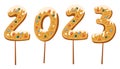 Gingerbread cookie numerals on sticks with phrase 2023. Sweet biscuit in new year message. Christmas sweets. Hand drawn vector