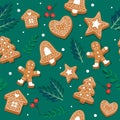 Gingerbread cookie pattern. Festive background with leaves and berries. Vector illustration in flat style
