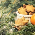 Gingerbread Cookie. Small stars. Delicious tangerine. Fir branch Royalty Free Stock Photo