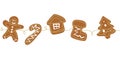 Gingerbread cookies christmas border. One continuous line drawing of baked ginger bread man, tree, house, sock. Line art Royalty Free Stock Photo