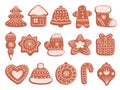 Gingerbread cookies. Christmas bread, ornament ginger biscuits with glaze decoration. Isolated holiday sweet cakes, xmas