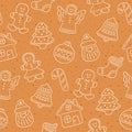 Gingerbread cookies for Christmas. Seamless pattern with gingerbread house, man, angel, bell christmas tree. Royalty Free Stock Photo