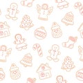 Gingerbread cookies for Christmas. Seamless pattern with gingerbread house, man, angel, bell christmas tree. Royalty Free Stock Photo