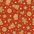 Gingerbread cookies christmas seamless pattern on red background.