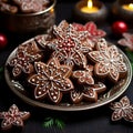 Gingerbread cookies close up. Christmas homemade gingerbread cookies on dark wooden table. Christmas banner with cookies glazed