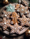 Gingerbread cookies close up. Christmas homemade gingerbread cookies on dark wooden table. Christmas banner with cookies glazed