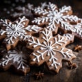 Gingerbread cookies close up. Christmas homemade gingerbread cookies on dark wooden table. Christmas banner with cookies glazed