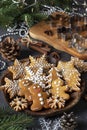 Homemade gingerbread cookies in the form of fabulous gingerbread men, snowflakes and christmas trees on wooden plate in