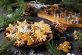 Gingerbread cookies in the form of fabulous gingerbread men, snowflakes and christmas trees on wooden plate in new year