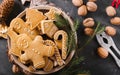 Gingerbread cookies on a gray background. Christmas cookies.