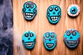 Gingerbread cookies for Halloween party. Blue painted skulls.