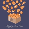 Gingerbread cookies happy new year and christmas vector illustration for greeting holiday card. Royalty Free Stock Photo