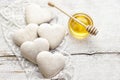 Gingerbread cookies in heart shape on white wooden table Royalty Free Stock Photo