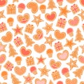Gingerbread cookies seamless pattern on white background with xmas eve, heart, stars and gifts, happy christmas Royalty Free Stock Photo