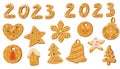 Gingerbread cookies set. Christmas sweets collection. Winter homemade sweets in the shape of a bell, snowflake, snowman, heart,