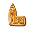 Gingerbread cookies in shape of church. Winter homemade sweets in shape of house and cottage. Cute spice baked biscuit