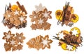 Gingerbread cookies and spices. Christmas sweet food ingredients