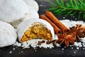 Gingerbread cookies with sugar icing and coconut flakes