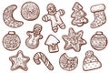 Gingerbread cookies vector, line drawings. Christmas gingerman, icing sweet house.