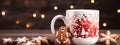 Gingerbread cookies with white mug. bokeh effect lights background. Generative AI
