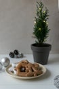 Gingerbread cookies on a white plate with a festive garland and cypress on a white background.