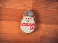 Gingerbread cookies on wood background.Snowman, deer, fir-tree, boot, Santa Claus, mitten.