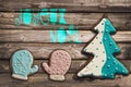 Gingerbread cookies on wooden background and text joyeux noel