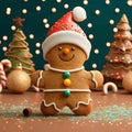 Gingerbread cute santa cookie with sprinkles & butter cream in a background of christmas decorations.