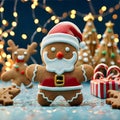 Gingerbread cute santa cookie with sprinkles & butter cream in a background of christmas decorations.