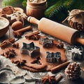 Gingerbread dough with metal cutters in different shapes for christmas cookies and wooden rolling pin, anise, ginger, cinnamon,