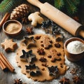 Gingerbread dough with metal cutters in different shapes for christmas cookies and wooden rolling pin, anise, ginger, cinnamon,