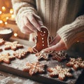 Gingerbread dough with metal cutters in different shapes for christmas cookies and wooden rolling pin, anise, ginger, cinnamon,