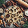 Gingerbread dough with metal cutters in different shapes for christmas cookies and wooden rolling pin, anise, ginger, cinnamon,