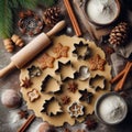 Gingerbread dough with metal cutters in different shapes for christmas cookies and wooden rolling pin, anise, ginger, cinnamon, Royalty Free Stock Photo