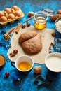 Gingerbread dough placed among various ingredients. Christmas baking concept