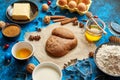 Gingerbread dough placed among various ingredients. Christmas baking concept