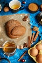 Gingerbread dough placed among various ingredients. Christmas baking concept