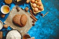 Gingerbread dough placed among various ingredients. Christmas baking concept